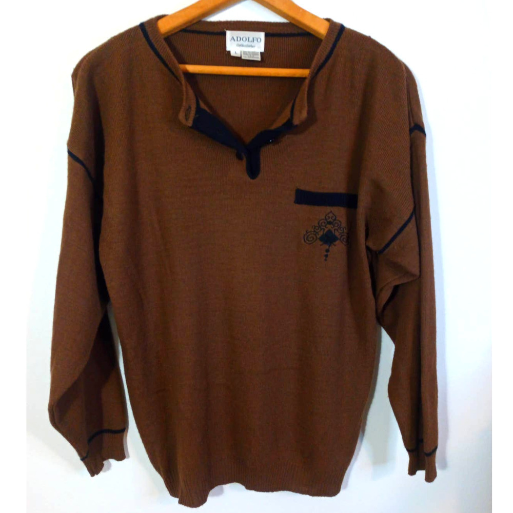 Adolfo Men Sz L Brown Sweater Lambs Wool Blend Jumper Vintage Grandpa Retro